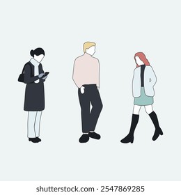 flat minimal people male and female vector illustration in winter clothing with outline concept isolated set collection. For architecture rendering, graphic design, info graphic, media