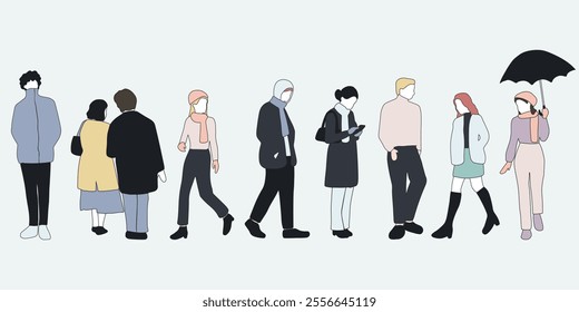 flat minimal people male and female vector illustration in winter clothing with outline concept isolated set collection. For architecture rendering, graphic design, info graphic, media