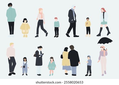 flat minimal people male and female vector illustration in winter clothing concept isolated set collection. For architecture rendering, graphic design, info graphic, media