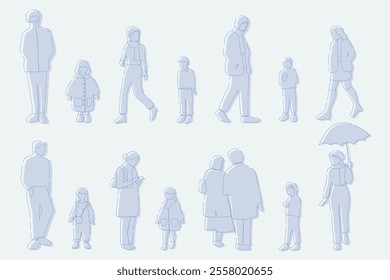 flat minimal people male and female vector illustration in winter clothing concept isolated set collection. Outline with silhouette shadow. For architecture rendering, design, info graphic, media