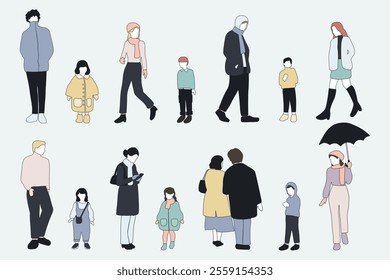 flat minimal people male and female vector illustration in winter clothing with outline concept isolated set collection. For architecture rendering, graphic design, info graphic, media