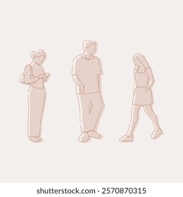 flat minimal people male and female vector illustration in spring summer clothing concept isolated set collection. Outline with silhouette shadow. For architecture, design, info graphic, media