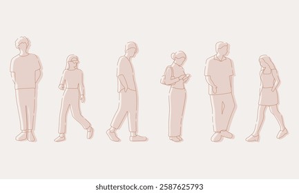 flat minimal people male and female vector illustration in spring summer clothing concept isolated set collection. Outline with silhouette shadow. For architecture, design, info graphic, media