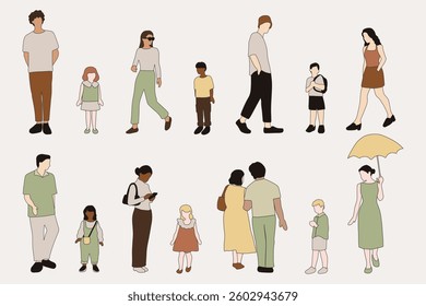 flat minimal people male and female vector illustration in spring summer clothing with outline concept isolated set collection. For architecture rendering, graphic design, info graphic, media