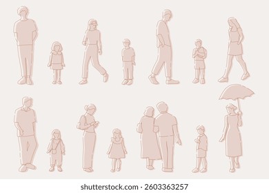 flat minimal people male and female vector illustration in spring summer clothing concept isolated set collection. Outline with silhouette shadow. For architecture, design, info graphic, media