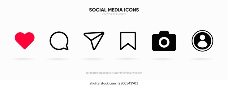 Iconos mínimos de medios sociales, como, corazón, avance, marcador, perfil, iconos de cámara. Comentar, compartir y guardar iconos para la aplicación móvil del sitio web de UI UX