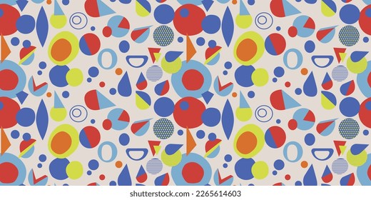 Flat minimal style of circles, cut out pieces, abstractions. Bright red and blue colors. Seamless vector print for textiles, pillows, notebooks, diaries, packaging.