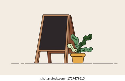 flat minimal style illustration of blank black board with plant pot. Concept of  chalk writing, empty board, announcement, cute, cafe coffee board. 