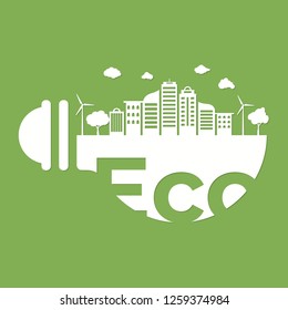 flat minimal style  with light bulb and city landscape building background. Think green and Ecological. World environment day. 