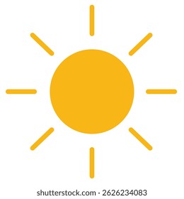 Flat minimal sun icon with clean radial rays in yellow, ideal for weather interfaces, summer themes, or modern environmental graphic symbols.