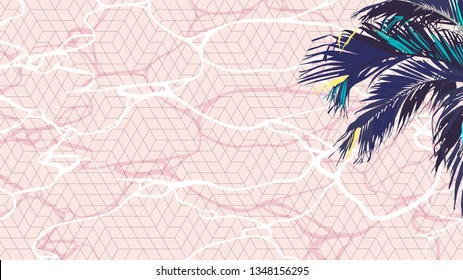 Flat minimal swimming pool, illusion sometric tiles and palm tree, simple aesthetic illustration background