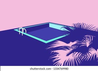 Flat minimal swimming pool and palm tree, simple aesthetic illustration background