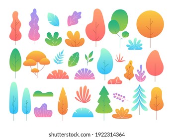 Flat minimal tree and leaves. Vector set with garden plants, branches, bushes and leaves in simple flat style. Cartoon floral collection for banner, poster, cover design, web. Trendy spring leaves