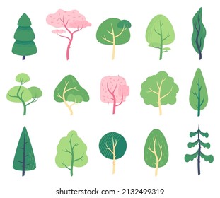 Árbol mínimo plano, árboles de verano con hojas verdes. Jardín de primavera o plantas de parques de la ciudad, elementos del paisaje natural conjunto de vectores