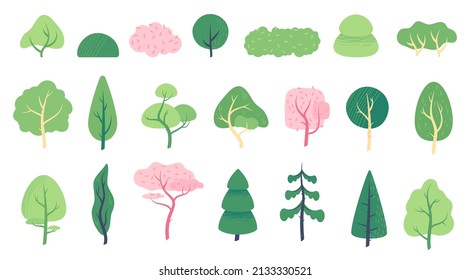 Flache minimale Bäume und Sträucher, Sommerstädter Park oder Gartenpflanzen. Frühlingsbaum mit grünen Blättern, Eiche, Birke, Fichte, Naturlandschaftselemente, Vektorset