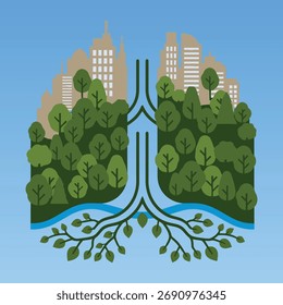 Flat minimal vector of city skyline shaped like lungs filled with green trees, representing urban life and the need for clean air.