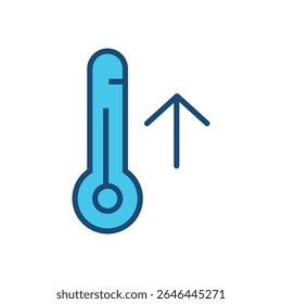 Flat and minimal vector icon showing a thermometer with an upward arrow, symbolizing high temperature or fever. This editable stroke icon is ideal for medical apps, healthcare infographics, COVID-19.