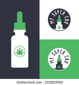 Flat minimal vector illustration and badge set for cbd hemp oil bottle....