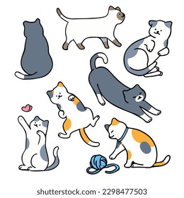 Flat, minimal vector illustration of cats in different poses, with outline style character design.
