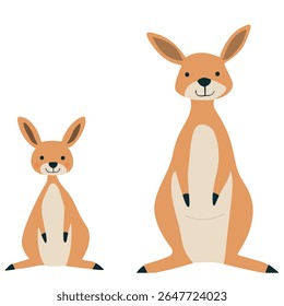Ilustração vetorial plana mínima de dois cangurus sorridentes adulto e joey em tons de laranja quente e creme. Brincalhão e moderno, ideal para decoração infantil, estampas infantis, cartões de felicitações