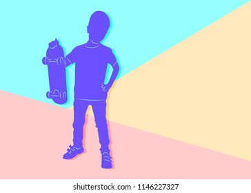 Flat minimal violet silhouette of boy standing with a skateboard in his hand on pink and blue pastel colored background