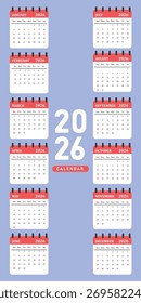 Flat Minimalist 2026 Yearly Calendar Design with Soft Pastel Blue Background and Red Rounded Monthly Blocks for Wall Print Poster and Office Planner Layout