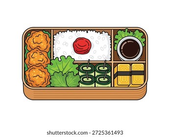 Icono de caja bento minimalista plana con almuerzo japonés. Ilustración vectorial limpia para alimentos, cocina japonesa, preparación de comidas y conceptos culturales.