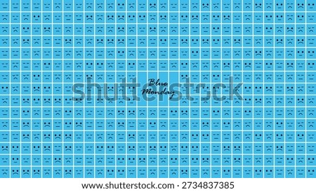 Flat Minimalist Blue Monday Sad Face Pattern Background with Repeating Square Emoticon Icons Light Blue Color Grid Layout for Mental Health Awareness Design