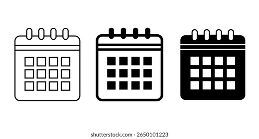 Ícone de calendário minimalista plano em estilo de contorno, formato EPS 10 vetorial. Descreve um símbolo de planejador de data ou evento usado para agendamento, lembretes, controle de tempo de aplicativos de calendário digital em design de interface do usuário.