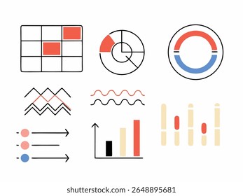 Flat minimalist chart set with bar, pie, and mixed diagram styles. Great for dashboards, educational presentations, and data reports.