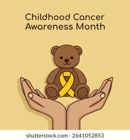 Flat Minimalist Childhood Cancer Awareness Yellow Ribbon Support Hands Teddy Bear