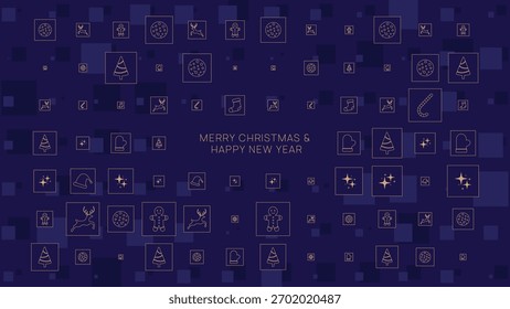 Fondo plano del modelo del icono de las Navidades minimalistas con el mosaico cuadrado azul marino y los Elementos de Festiva de la línea del oro para la tarjeta de felicitación del invierno y el diseño festivo del Anuncio