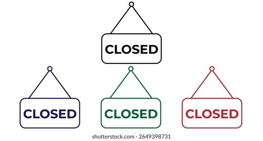 Flat minimalist closed banner icon in outline style, vector EPS 10 format. Depicts a hanging sign or ribbon labeled "closed," ideal for business graphics, storefront indicators, digital notices.