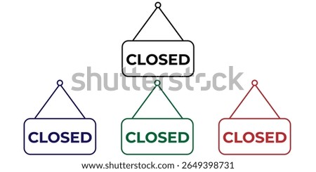 Flat minimalist closed banner icon in outline style, vector EPS 10 format. Depicts a hanging sign or ribbon labeled 
