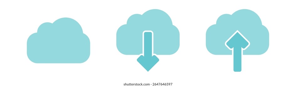 Conjuntos de ícones de nuvem minimalista plana em estilo de contorno, formato EPS10 vetorial Inclui símbolo de nuvem, upload para nuvem e download de ícones de nuvem. Perfeito para armazenamento, transferência de arquivos e design de IU de serviço de dados