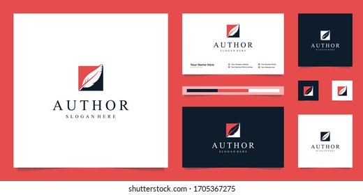 flat minimalist corporate feather, author, creator, signature logo design vector and business card.