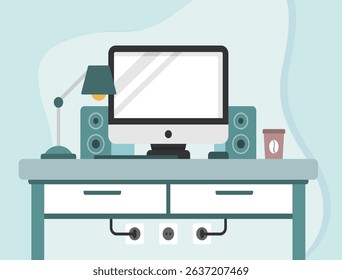 Flat Minimalist Desk Workspace with Computer and Speakers Vector Illustration	