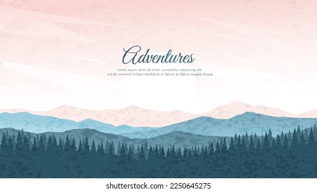 Flat minimalist drawing. Silhouettes of mountains and fir trees, clear sky. Spotted texture, abstract geometric elements. Template for poster, cover, advertisement, background.