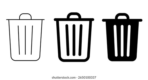 Flat minimalist dustbin icon in outline style, vector EPS 10. Represents delete, remove, or discard actions in digital interfaces, file systems, or app toolbars. Ideal for trash, bin or clean-up tools