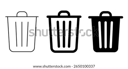 Flat minimalist dustbin icon in outline style, vector EPS 10. Represents delete, remove, or discard actions in digital interfaces, file systems, or app toolbars. Ideal for trash, bin or clean-up tools