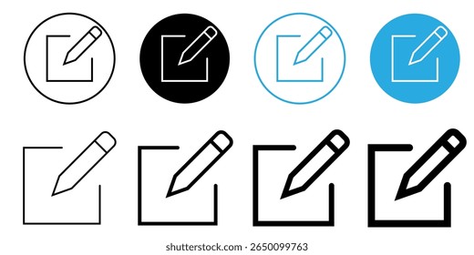 Flat minimalist edit button icon set in outline style, vector EPS 10 format. Includes pencil and edit box symbols for user interface, digital editing tools, apps, content management, UI interactions.