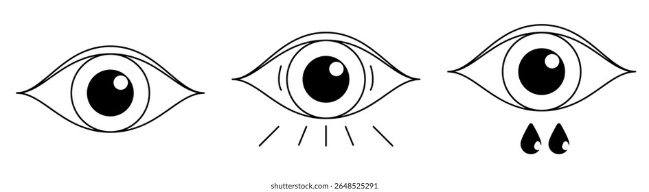 Flat minimalist eye icon set in outline style, vector EPS 10. Includes open eye, surprised eye and with eyedrop icon. Ideal for visibility toggles, privacy settings, security UI elements design tools.