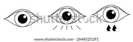 Flat minimalist eye icon set in outline style, vector EPS 10. Includes open eye, surprised eye and with eyedrop icon. Ideal for visibility toggles, privacy settings, security UI elements design tools.