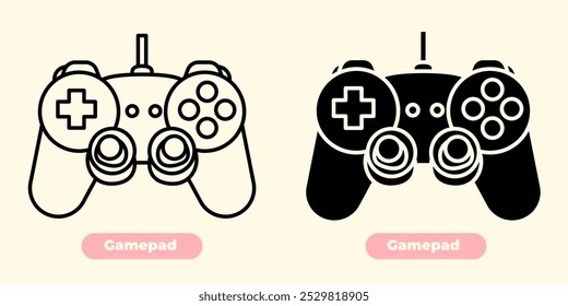 Flat minimalist gamepad icon with a sleek, modern design. The game controller is depicted in clean lines with simple yet bold shapes, featuring prominent buttons and thumbsticks for a classic gaming 