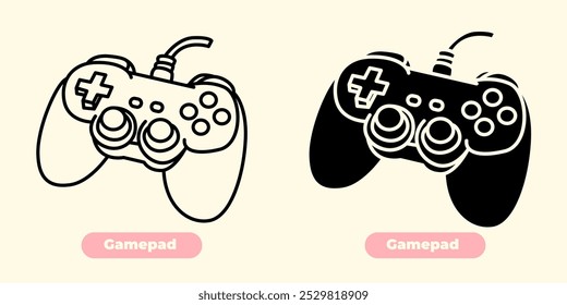 Flat minimalist gamepad icon with a sleek, modern design. The game controller is depicted in clean lines with simple yet bold shapes, featuring prominent buttons and thumbsticks for a classic gaming 