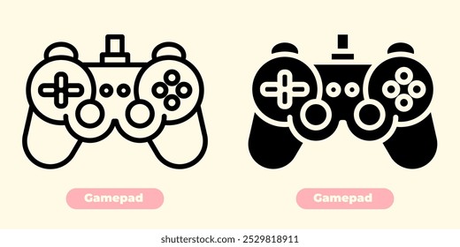 Flat minimalist gamepad icon with a sleek, modern design. The game controller is depicted in clean lines with simple yet bold shapes, featuring prominent buttons and thumbsticks for a classic gaming 