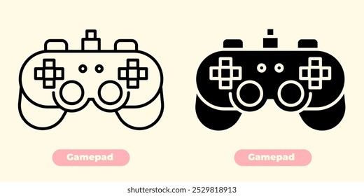 Flat minimalist gamepad icon with a sleek, modern design. The game controller is depicted in clean lines with simple yet bold shapes, featuring prominent buttons and thumbsticks for a classic gaming 