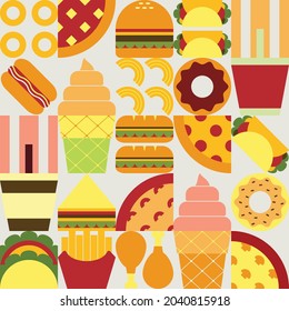 Flat minimalist geometric fast food symbol artwork poster with colorful simple shapes. Abstract vector pattern design of junk food and drink. Good for branding, web banner, background or wallpaper.