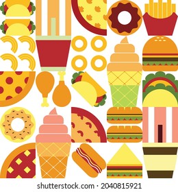 Flat minimalist geometric fast food symbol artwork poster with colorful simple shapes. Abstract vector pattern design of junk food and drink. Good for branding, web banner, background or wallpaper.