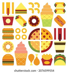 Flat minimalist geometric fast food symbol artwork poster with colorful simple shapes. Abstract vector pattern design of junk food and drink. Burgers, pizza, french fries, soda, coffee and ice cream.